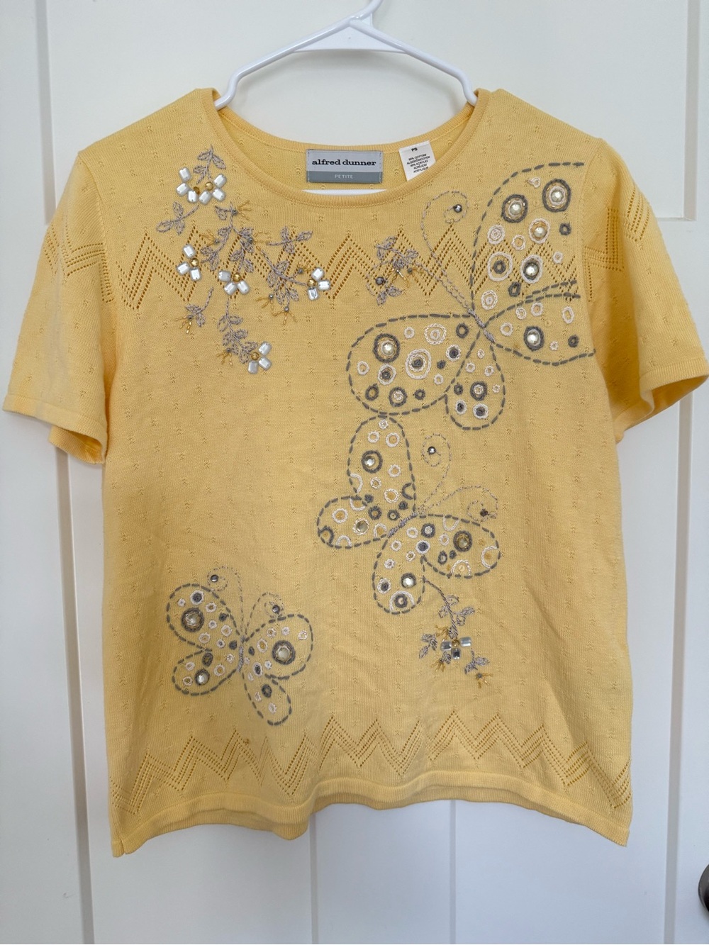 Alfred Dunner Yellow Short-Sleeve Embellished Butterfly Top